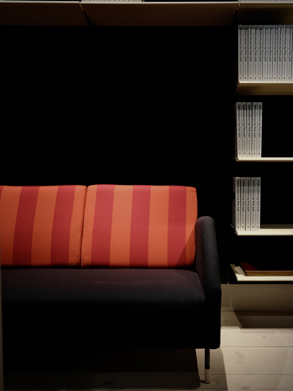 The 77 Sofa (two seater) in oak (clear oil), upholstered with ‘Vidar’ textile in the colour ‘1880’. The loose back cushions are upholstered with ‘Reflex’ in the colour ’0589’.