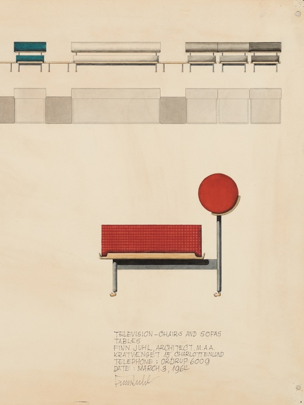 Finn Juhl's original drawing of the red Television Chair. Photo: Pernille Klemp, Designmuseum Danmark. 