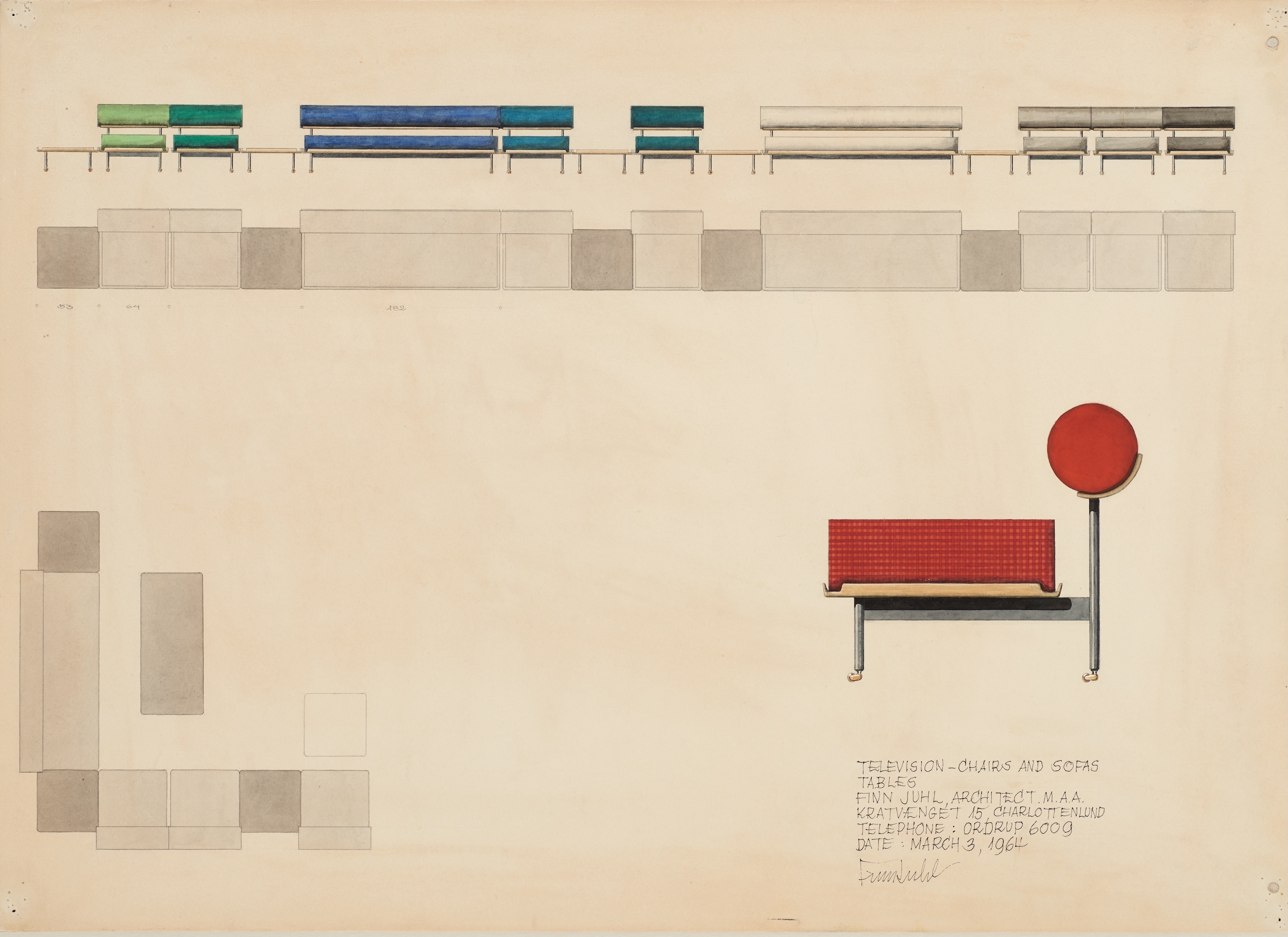 Finn Juhl's original drawing of the red Television Chair. Photo: Pernille Klemp, Designmuseum Danmark. 