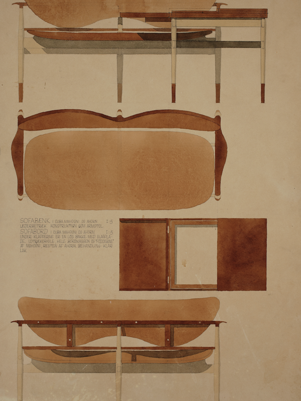 Finn Juhl's original watercolour depicting the 48 Sofa Bench from 1948. Photo credit: Pernille Klemp, Designmuseum Danmark